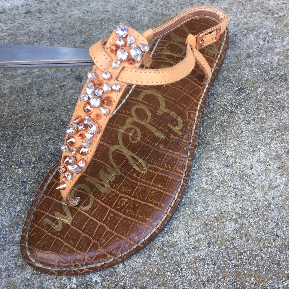 Sam Edelman Gwyneth T Strap Tan Rhineston Stud